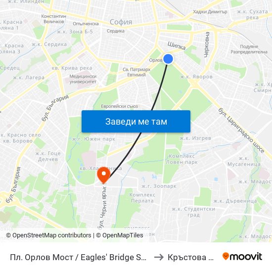 Пл. Орлов Мост / Eagles' Bridge Sq. (1287) to Кръстова Вада map