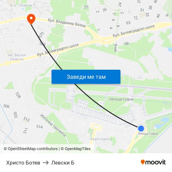 Христо Ботев to Левски Б map