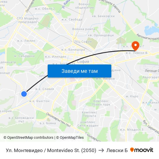 Ул. Монтевидео / Montevideo St. (2050) to Левски Б map