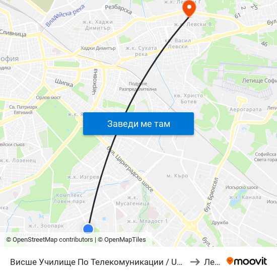 Висше Училище По Телекомуникации / University Of Telecommunications And Post (1397) to Левски Б map