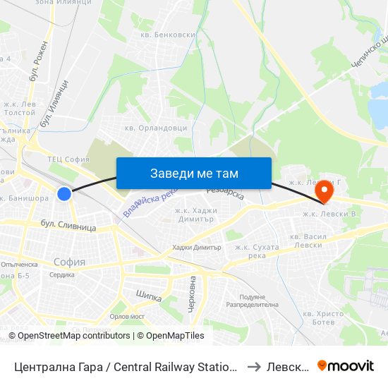 Централна Гара / Central Railway Station (1327) to Левски Б map