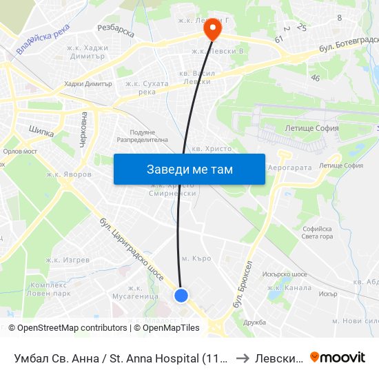 Умбал Св. Анна / St. Anna Hospital (1194) to Левски Б map