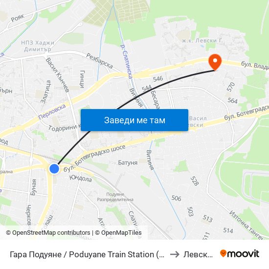 Гара Подуяне / Poduyane Train Station (0466) to Левски Б map