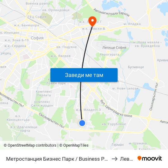 Метростанция Бизнес Парк / Business Park Metro Station (2490) to Левски Б map