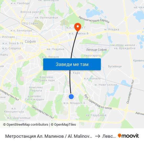 Метростанция Ал. Малинов / Al. Malinov Metro Station (0169) to Левски Б map