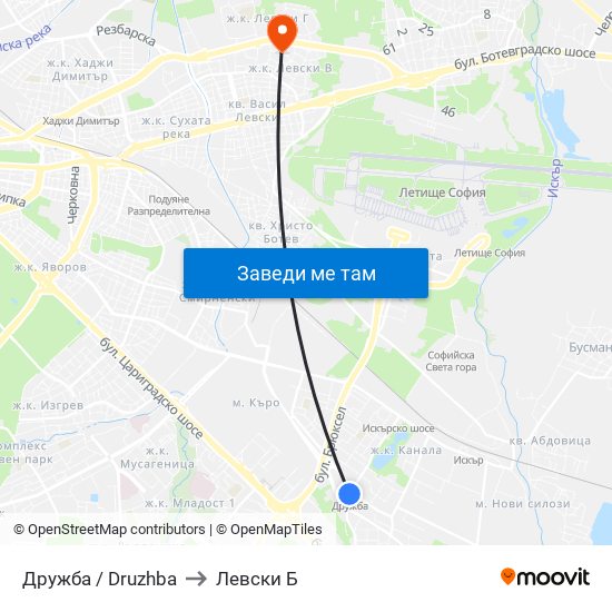 Дружба / Druzhba to Левски Б map