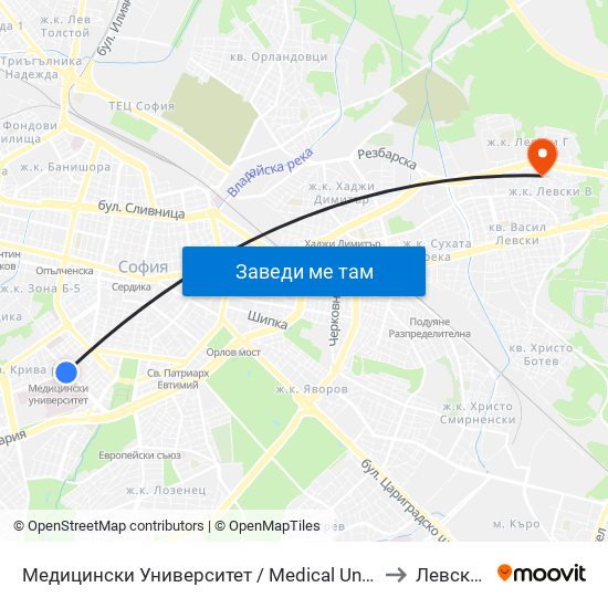 Медицински Университет / Medical University to Левски Б map