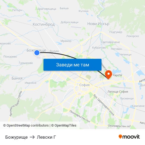 Божурище to Левски Г map