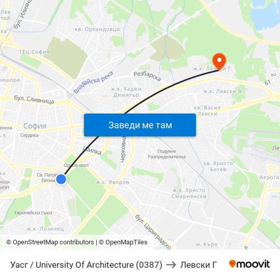 Уасг / University Of Architecture (0387) to Левски Г map
