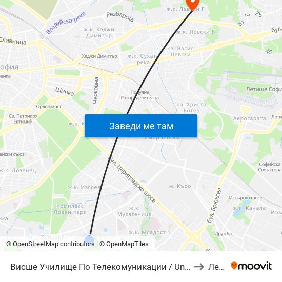 Висше Училище По Телекомуникации / University Of Telecommunications And Post (1397) to Левски Г map