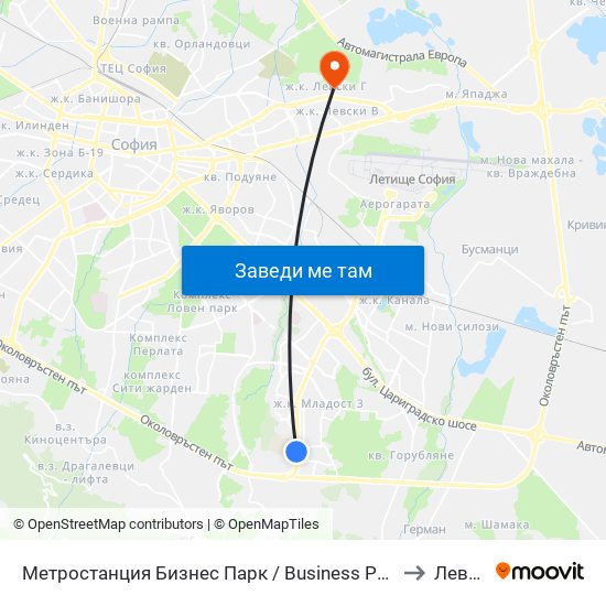 Метростанция Бизнес Парк / Business Park Metro Station (2490) to Левски Г map