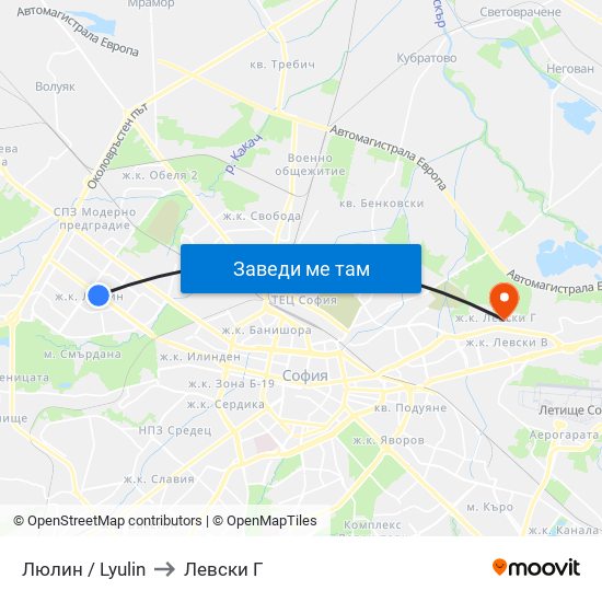 Люлин / Lyulin to Левски Г map