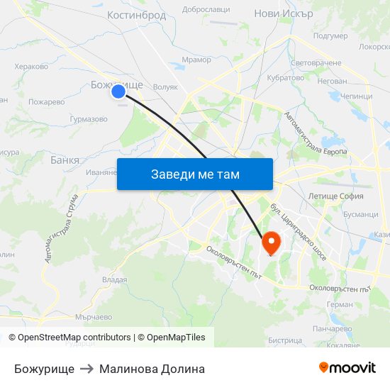 Божурище to Малинова Долина map