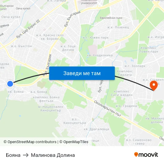 Бояна to Малинова Долина map