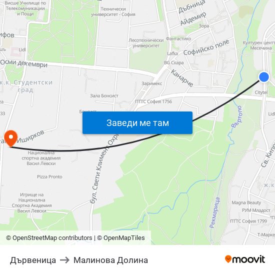 Дървеница to Малинова Долина map