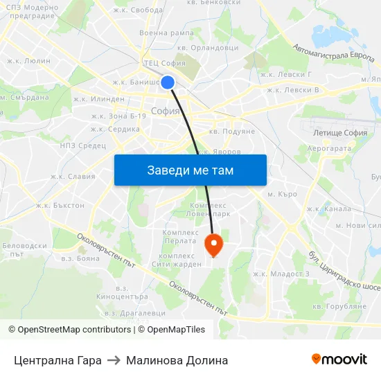 Централна Гара to Малинова Долина map