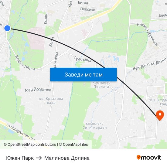 Южен Парк to Малинова Долина map