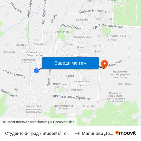 Студентски Град / Students' Town (2382) to Малинова Долина map