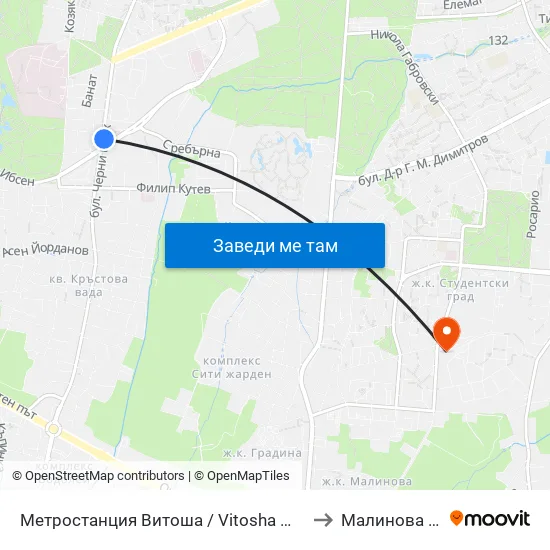 Ⓜ️ Метростанция Витоша / Vitosha Metro Station (2654) to Малинова Долина map