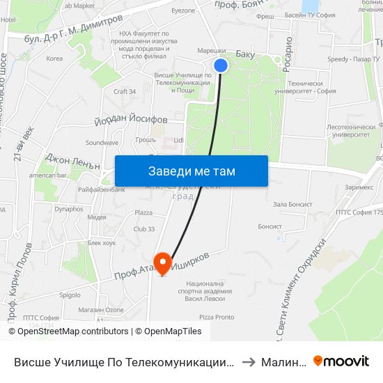 Висше Училище По Телекомуникации / University Of Telecommunications And Post (1397) to Малинова Долина map