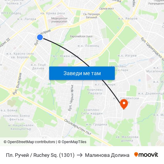 Пл. Ручей / Ruchey Sq. (1301) to Малинова Долина map