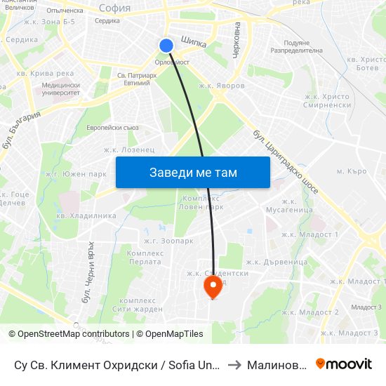 Су Св. Климент Охридски / Sofia University St. Kliment Ohridski to Малинова Долина map
