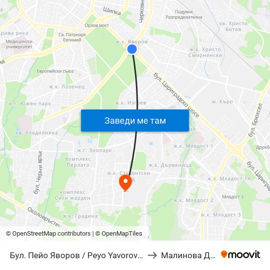 Бул. Пейо Яворов / Peyo Yavorov Blvd. (0073) to Малинова Долина map