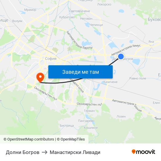 Долни Богров to Манастирски Ливади map