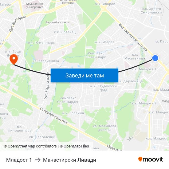 Младост 1 to Манастирски Ливади map