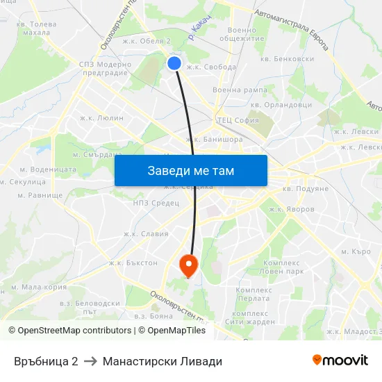 Връбница 2 to Манастирски Ливади map
