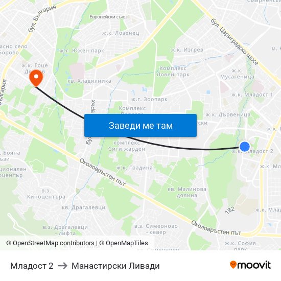 Младост 2 to Манастирски Ливади map