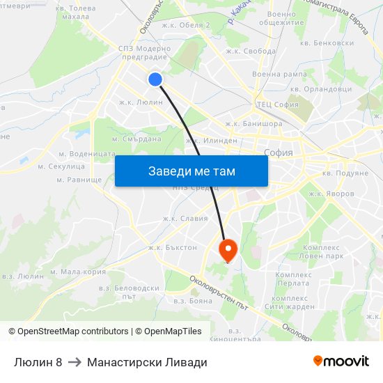 Люлин 8 to Манастирски Ливади map