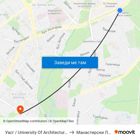 Уасг / University Of Architecture (0386) to Манастирски Ливади map