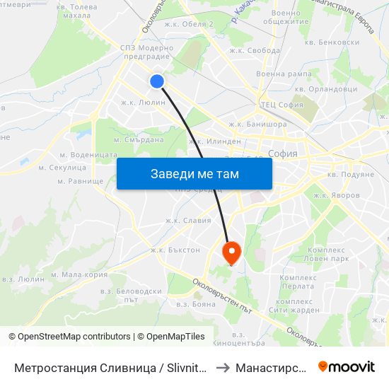 Метростанция Сливница / Slivnitsa Metro Station (1063) to Манастирски Ливади map