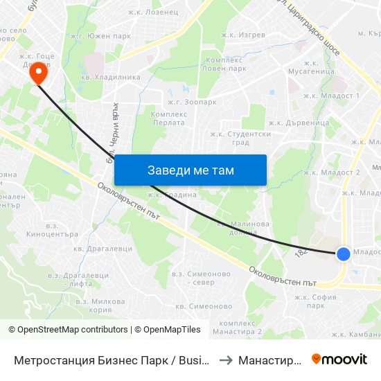 Метростанция Бизнес Парк / Business Park Metro Station (2490) to Манастирски Ливади map