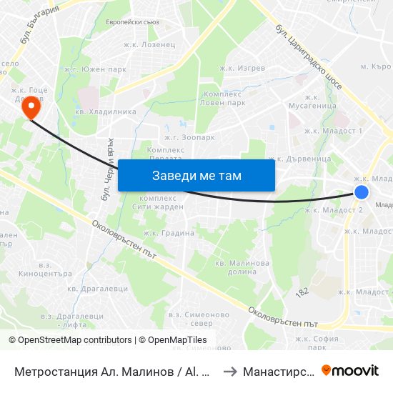 Метростанция Ал. Малинов / Al. Malinov Metro Station (0170) to Манастирски Ливади map