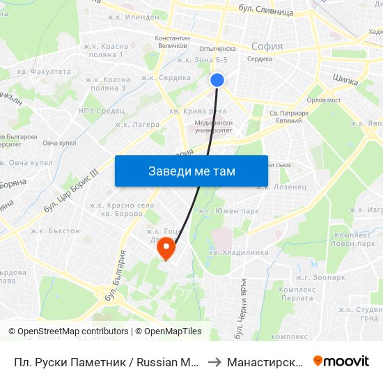 Пл. Руски Паметник / Russian Monument Sq. (1295) to Манастирски Ливади map