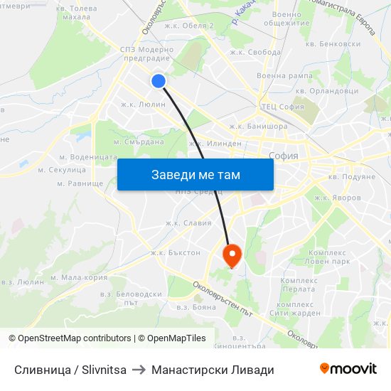 Сливница / Slivnitsa to Манастирски Ливади map