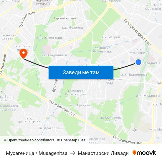 Мусагеница /  Musagenitsa to Манастирски Ливади map