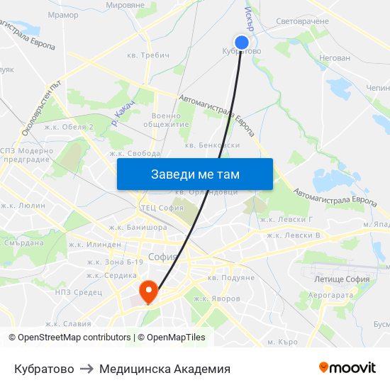 Кубратово to Медицинска Академия map