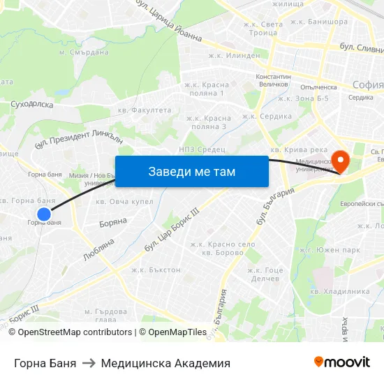 Горна Баня to Медицинска Академия map