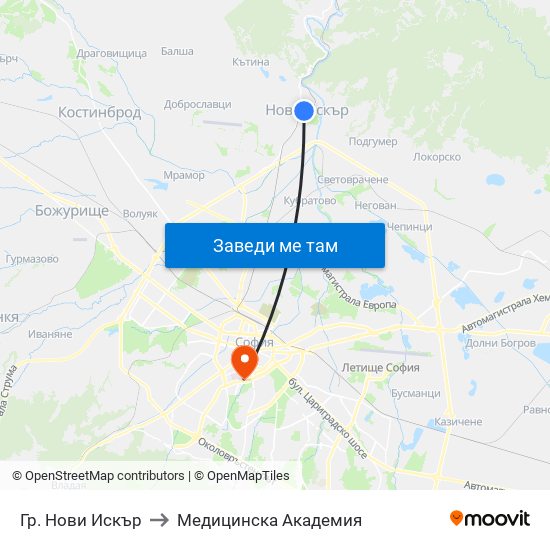 Гр. Нови Искър to Медицинска Академия map