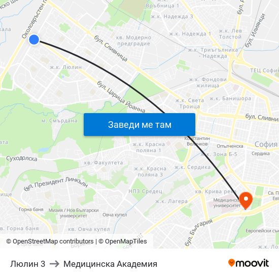 Люлин 3 to Медицинска Академия map