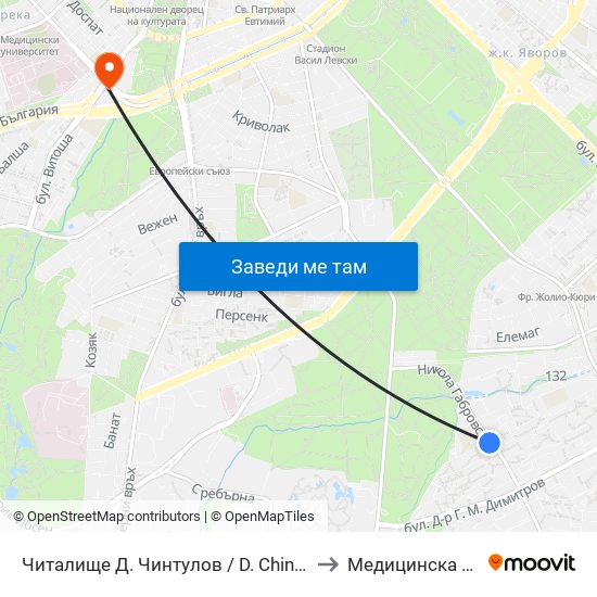 Читалище Д. Чинтулов / D. Chintulov Library (2365) to Медицинска Академия map