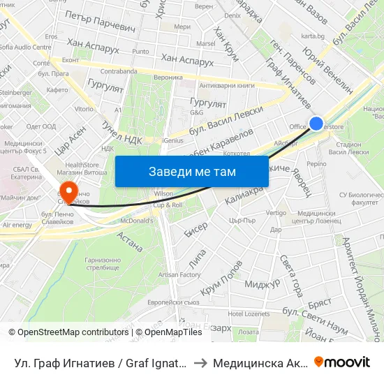 Ⓜ️ Ул. Граф Игнатиев / Graf Ignatiev St. (1914) to Медицинска Академия map