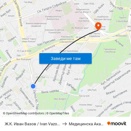 Ж.К. Иван Вазов / Ivan Vazov (0626) to Медицинска Академия map