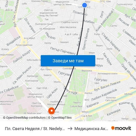 Пл. Света Неделя / St. Nedelya Sq. (1308) to Медицинска Академия map
