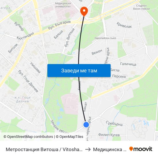 Метростанция Витоша / Vitosha Metro Station (2755) to Медицинска Академия map