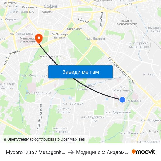 Мусагеница /  Musagenitsa to Медицинска Академия map
