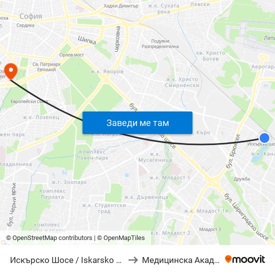 Искърско Шосе / Iskarsko Shosse to Медицинска Академия map